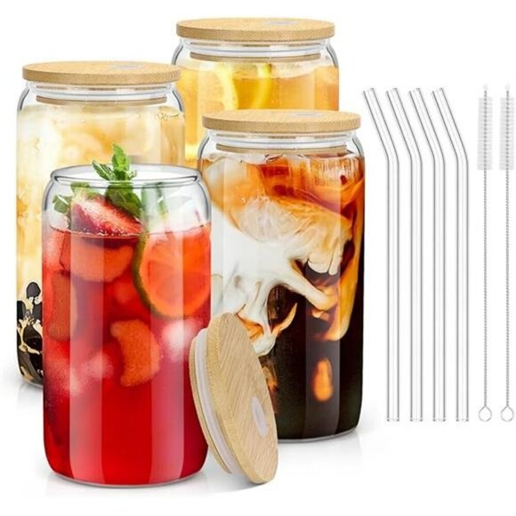 Set of 4 Glass Cups with Bamboo Lids Straws Iced Coffee Tea Cocktail Beer - Picture 8 of 8